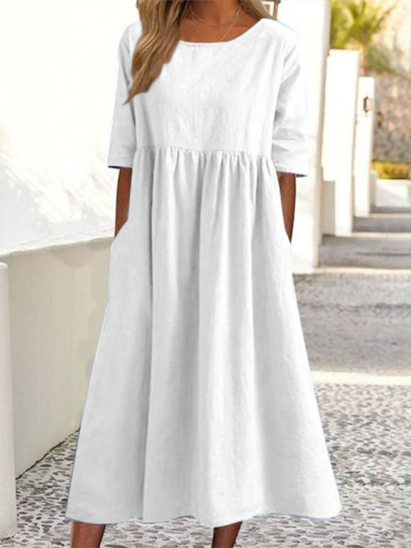 Mature Women New Round Neck Plus Size Solid Color Casual Summer Dress