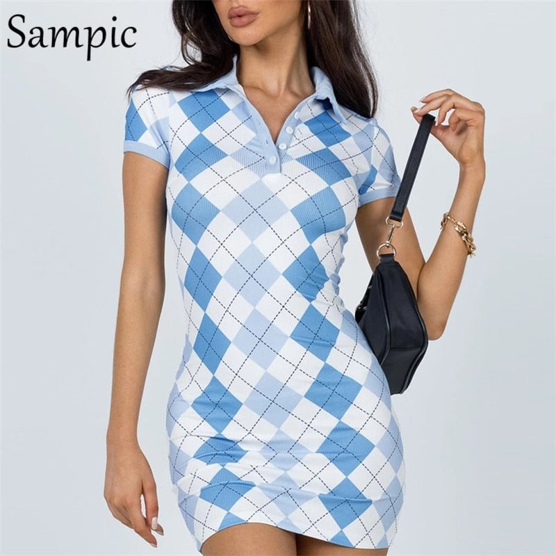 Sampic Fashion Women Korean Style Y2K Turn Down Coller Mini Wrap Plaid Dresses 2021 Summer Party Short Sleeve Bodycon Dress