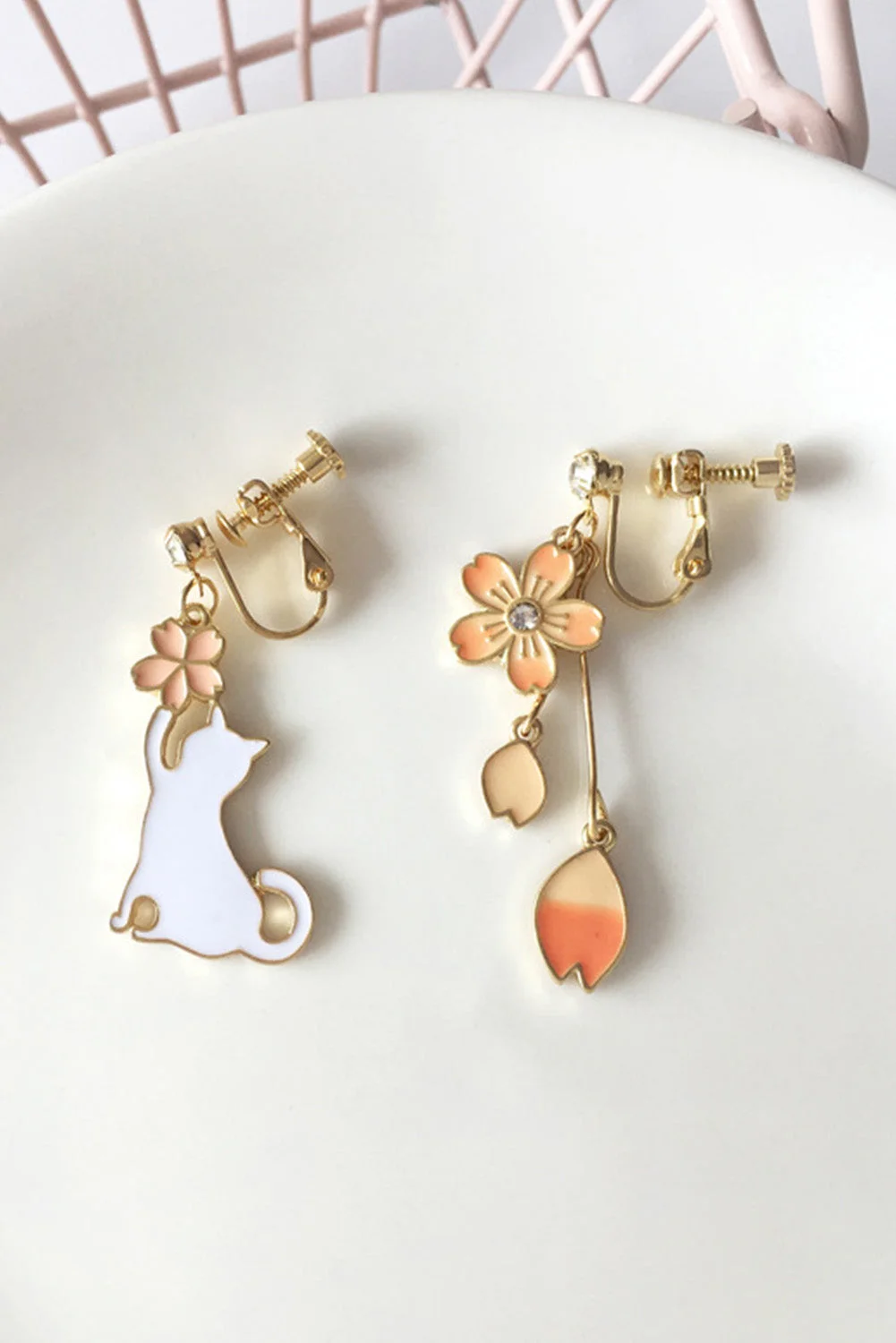 White Cats Pink Cherry Blossom Flower Gold Invisible Clip On Earrings