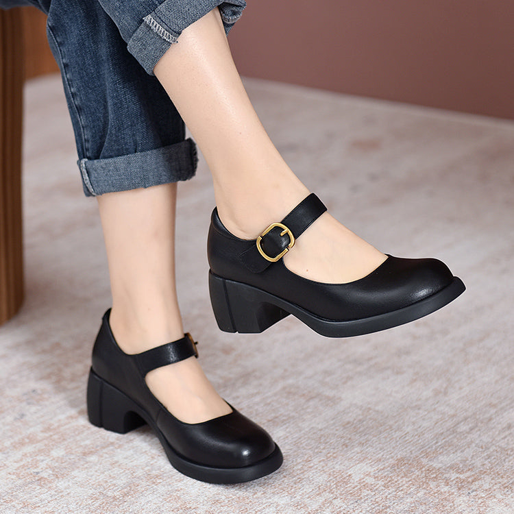 Handmade Leather Pumps Mary Jane Heels Sandals Womens Round Toe  Retro Buckle Sandals Black/Brown
