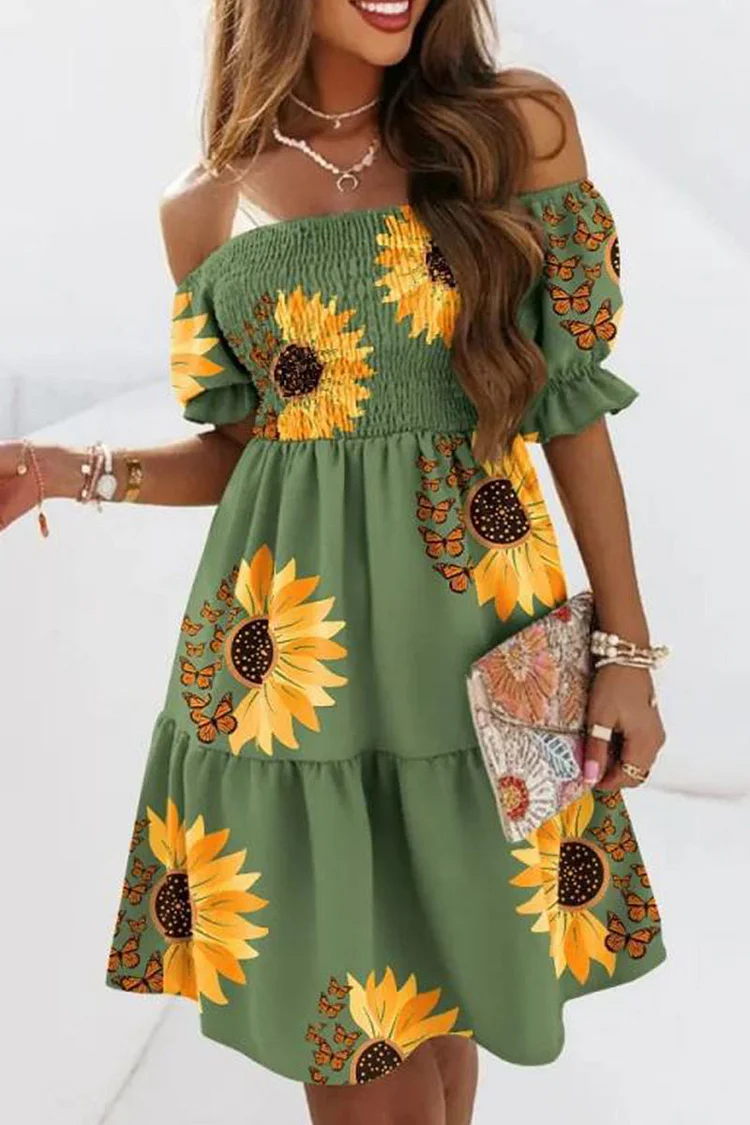 Green Fashion Sweet Print Patchwork Fold Off the Shoulder A Line Dresses