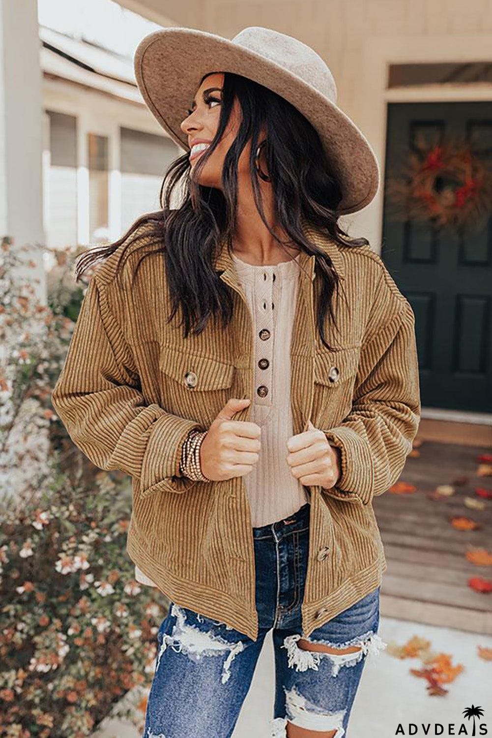 Ribbed Corduroy Long Sleeve Jacket with Pocket