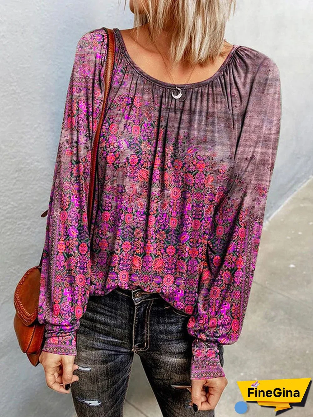 Casual Long Sleeve Scoop Neck Floral Blouse Top