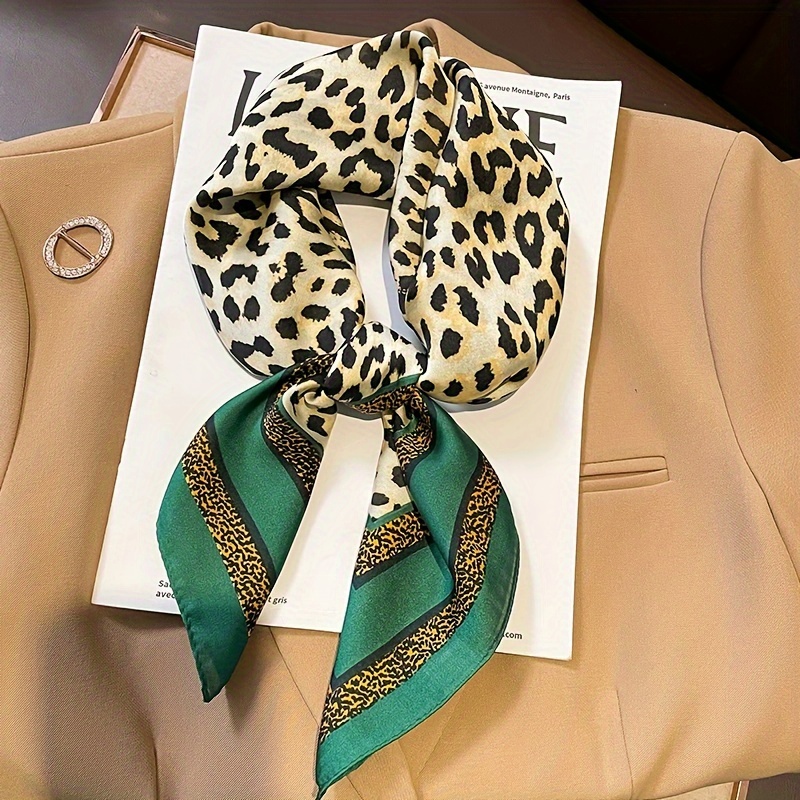 Elegant Green Leopard Print Square Scarf - Lightweight, Versatile Polyester Neck Scarf for Women | Perfect for Fashion & Function