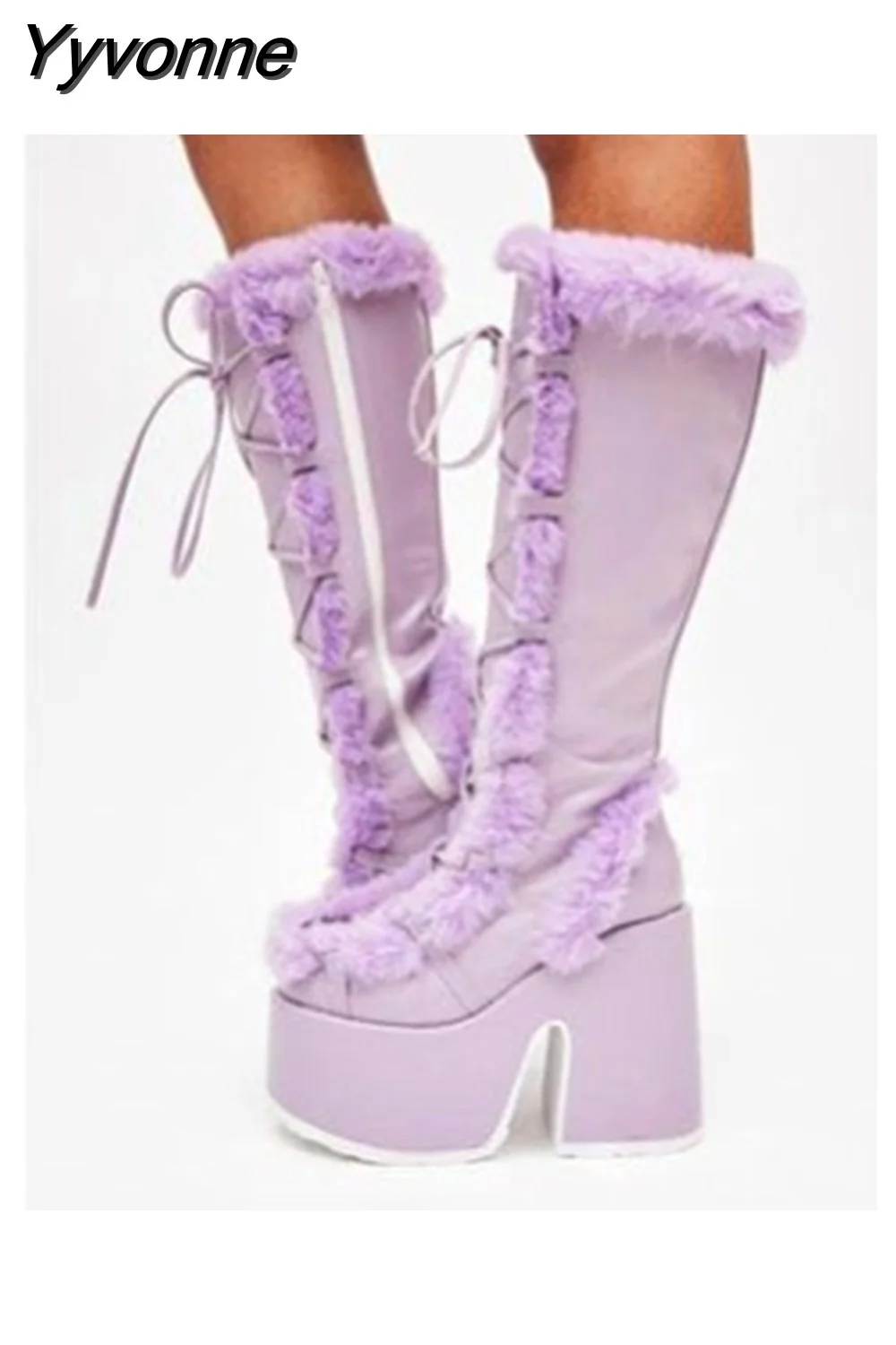 Yyvonne White Fur High Platform Boots High Chunky Heel Round Toe Mid Calf Boots Elegant Women Casual Outfit Winter Cross Tied Shoes 715-1