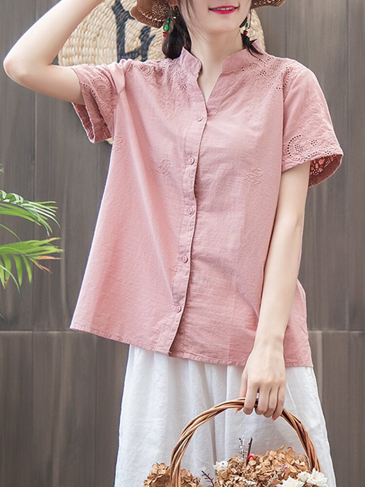 Hollow Embroidered Short Sleeve Pure Color Casual Blouses P1323332