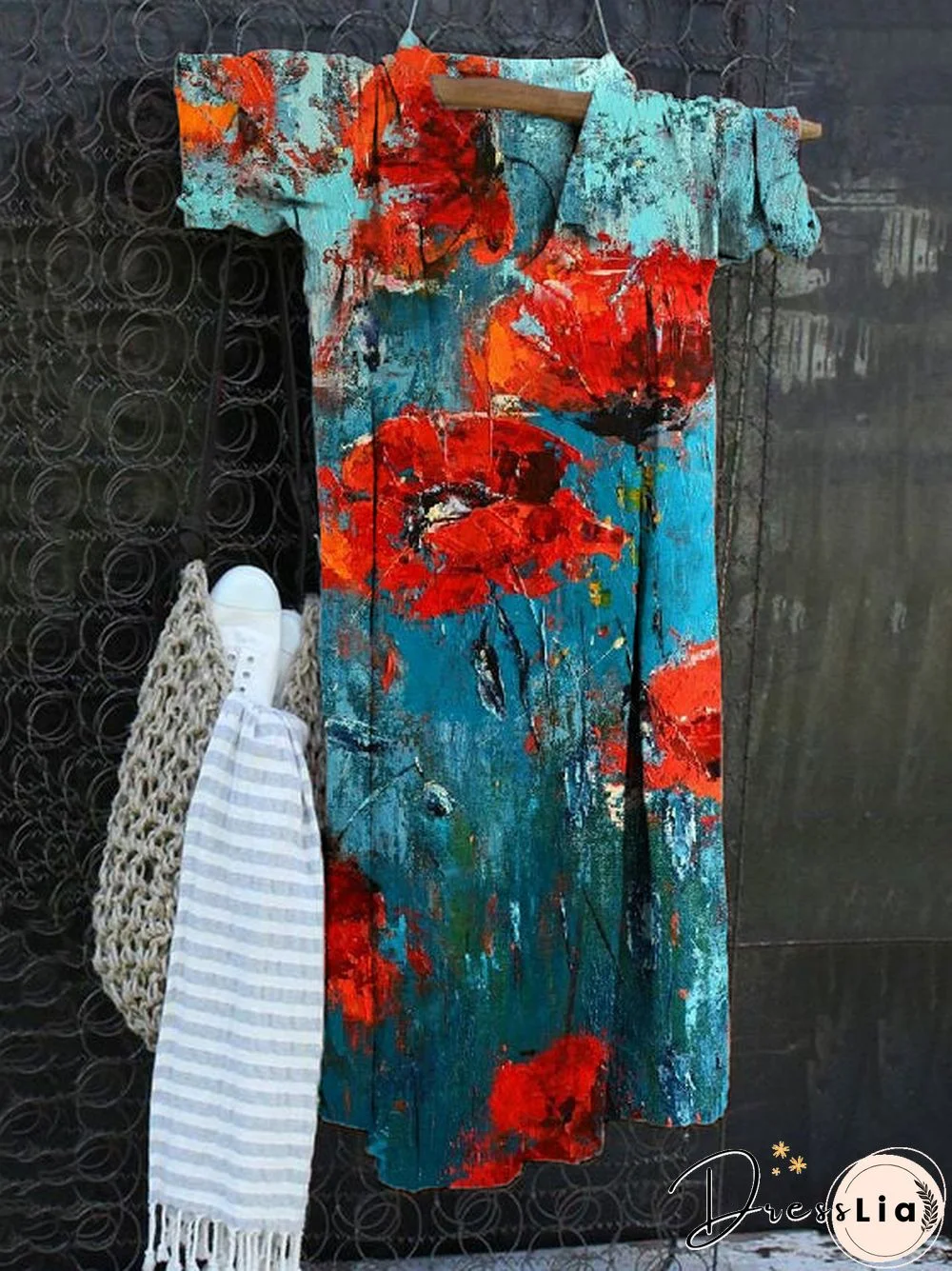 Vintage Print V-Neck Cotton Linen Loose Long Sleeve Dress