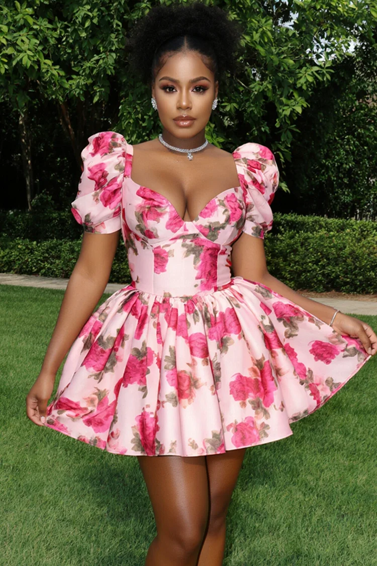 Puff Sleeve Floral Print Gathered Hem Party Mini Dresses-Pink [Pre Order]