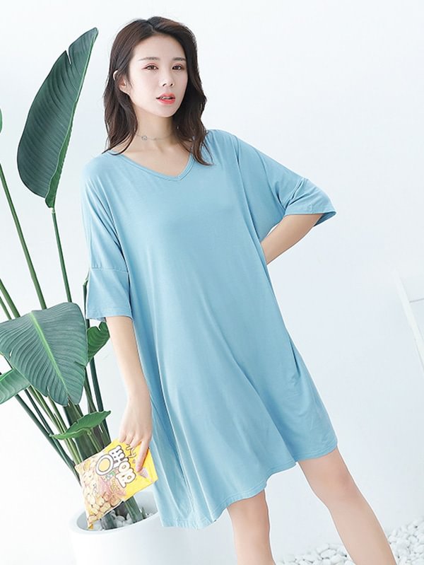 Comfortable Solid Round-Neck Pajama Dress