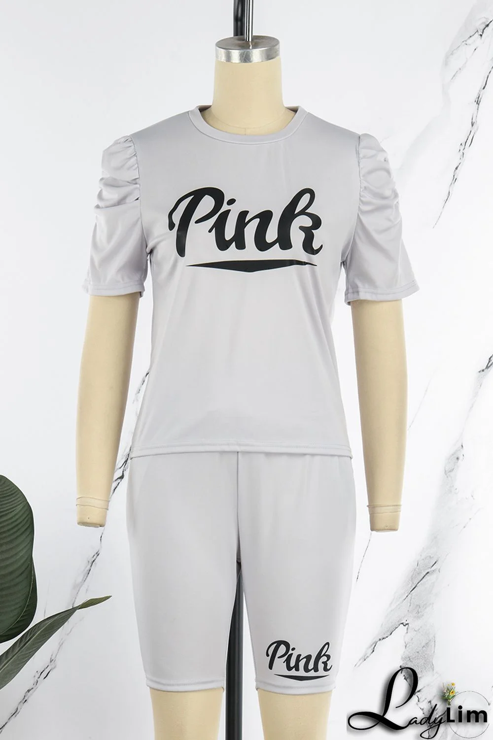 Grey Casual Letter Print Basic O Neck Short Sleeve Two Pieces