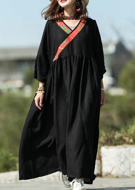 Modern black silk linen Long dress v neck patchwork Maxi summer Dress