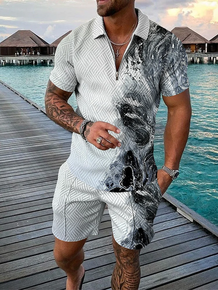 Men's Fashion Printed Zip Polo Shirt and Shorts Two-Piece Suits