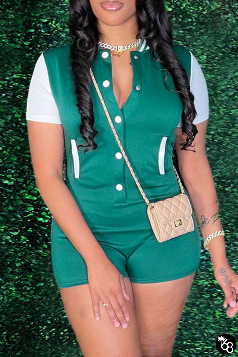 Cyan Green Casual Solid Patchwork Buckle Mandarin Collar Regular Rompers | 168DEAL