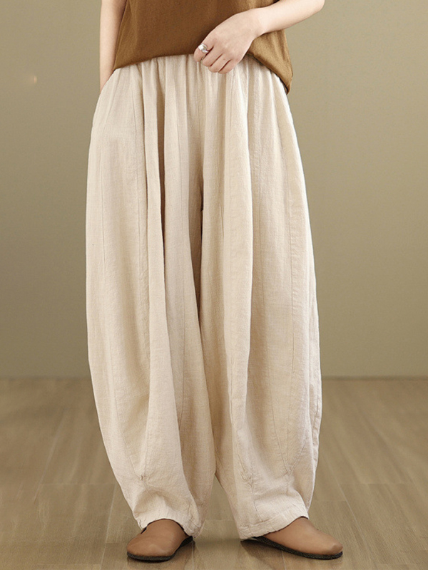 Lantern Shape Solid Color Ruched High Waist Cotton Linen Pant