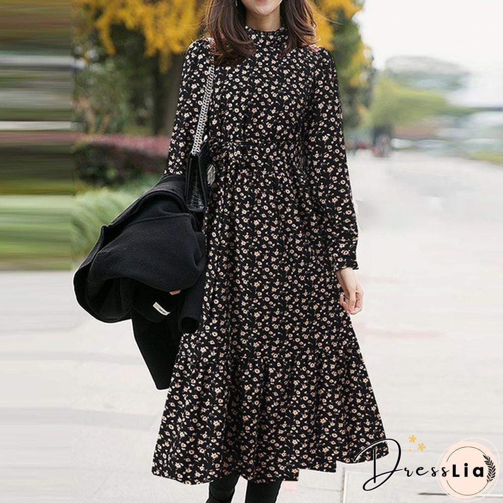 Womens Spring Casual Belt Full Sleeved Kaftan Floral Printed A-Line Party Ruffle Hem Long