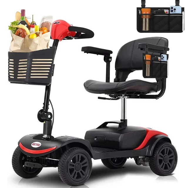 Foldable 4 Wheels Mobility Scooter with Side Bag, Electric Powered Wheelchair Device Compact Heavy Duty for Senior, Adults Power Extended Battery with Charger Basket, Max Weight 300LBS