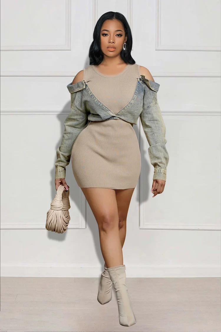 Cold Shoulder Denim Patchwork Long Sleeve Pit Knit Bodycon Mini Dresses-Khaki