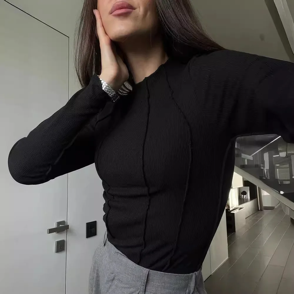 Uveng Uveng Bottom Shirt Autumn Winter Round Collar Tight Edge T-Shirt Female Tight Casual Sexy Jacket Female