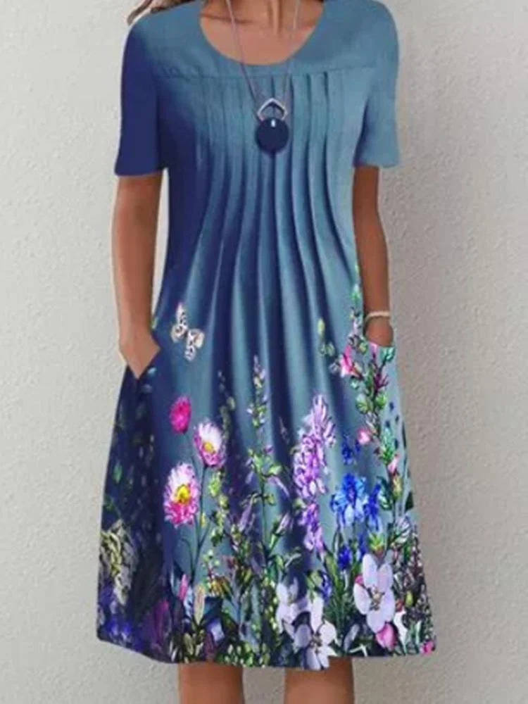 Floral A-Line Short Sleeve Crew Neck blue Dress