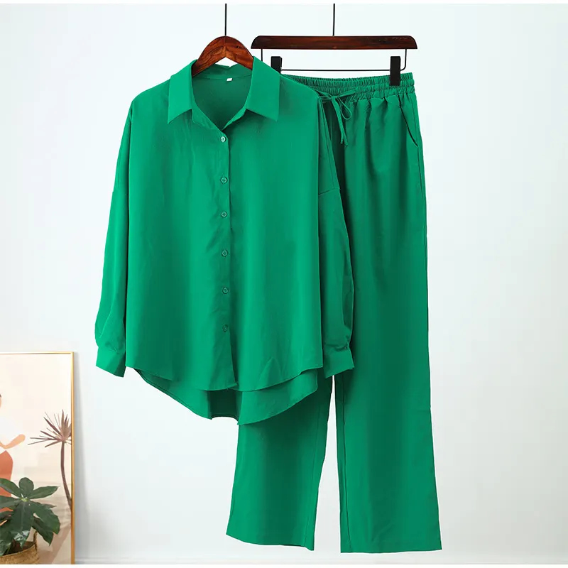 Brownm Brownm Fashion Autumn And Winter New Loose Elastic Wrinkle Long-Sleeved Shirt Broad Leg Pants Casual Suit Women 2 Sets