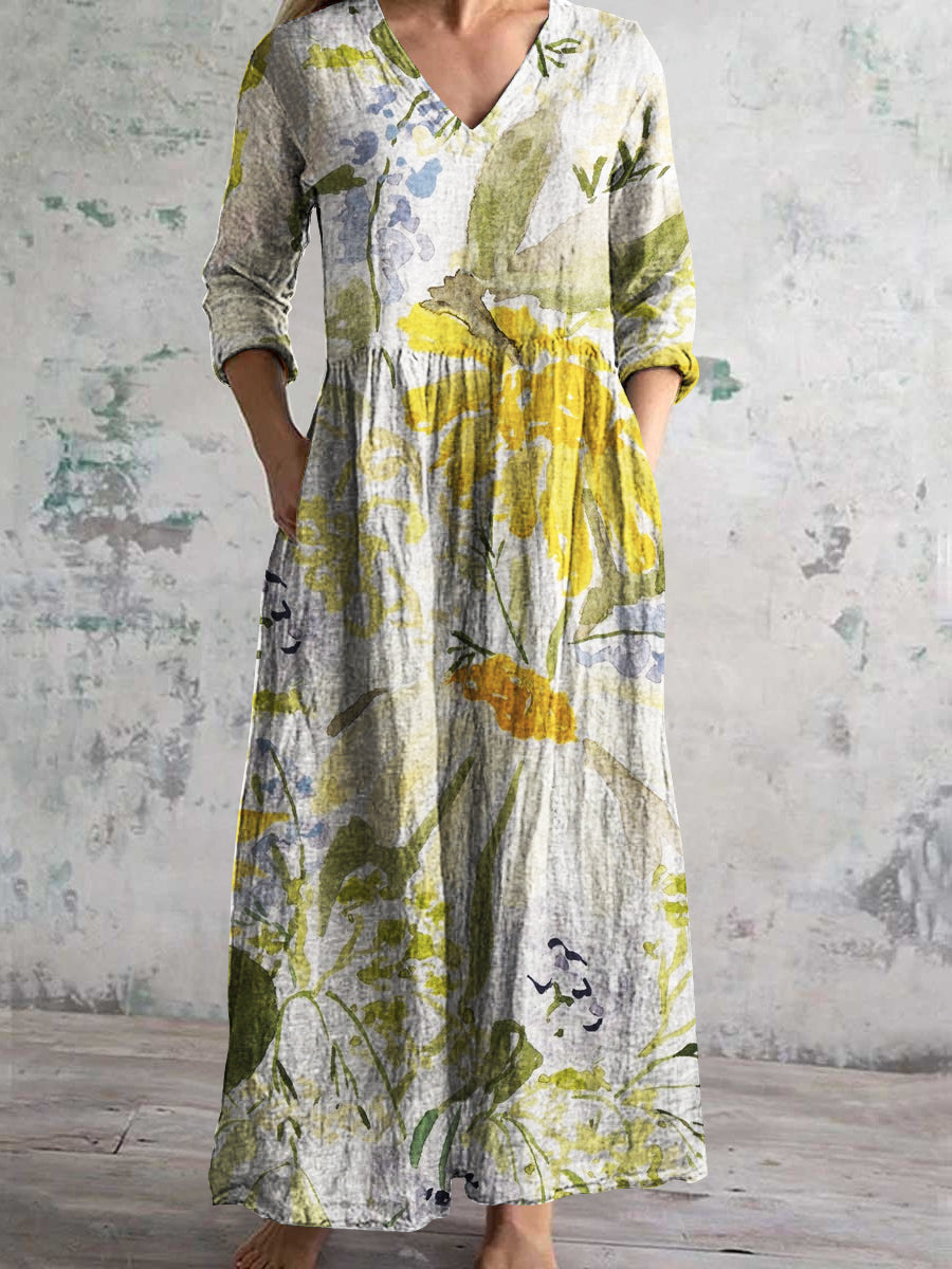 Women's V-Neck Elegant Irregular Art Floral Cotton Dresses