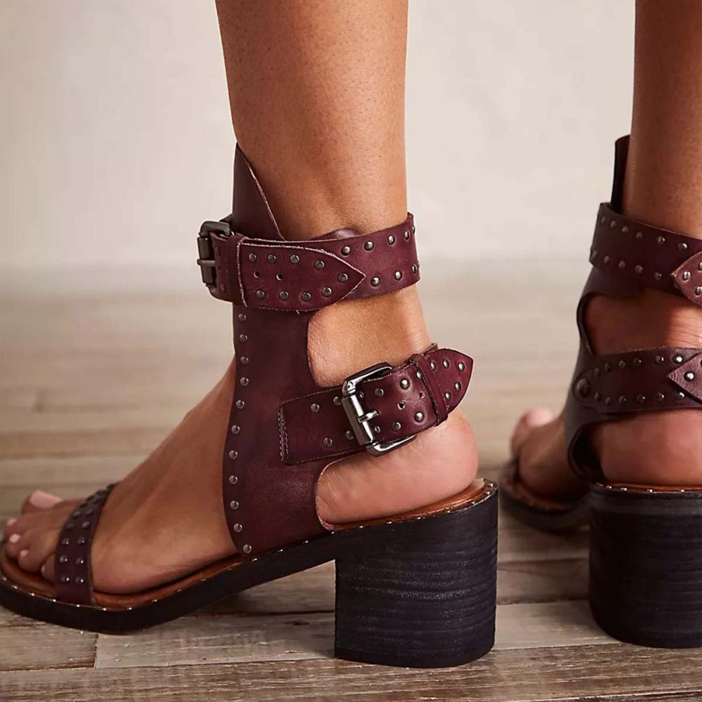 Maroon Open Toe Vintage Double Buckle Studded Block Heel Sandals Nicepairs