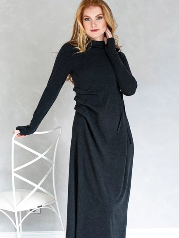 Stylish Heaps Collar Asymmetric Split-Joint Pleated Hoodies Dress