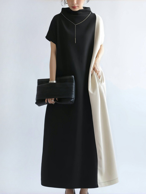 Colorblock Stand Up Collar Short Sleeve Side Pocket Maxi Dress