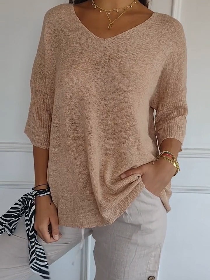 Mature Women Plus Size Solid Long Sleeve Sweater Slimming V-neckline Knitwear Bottoming Shirt Top