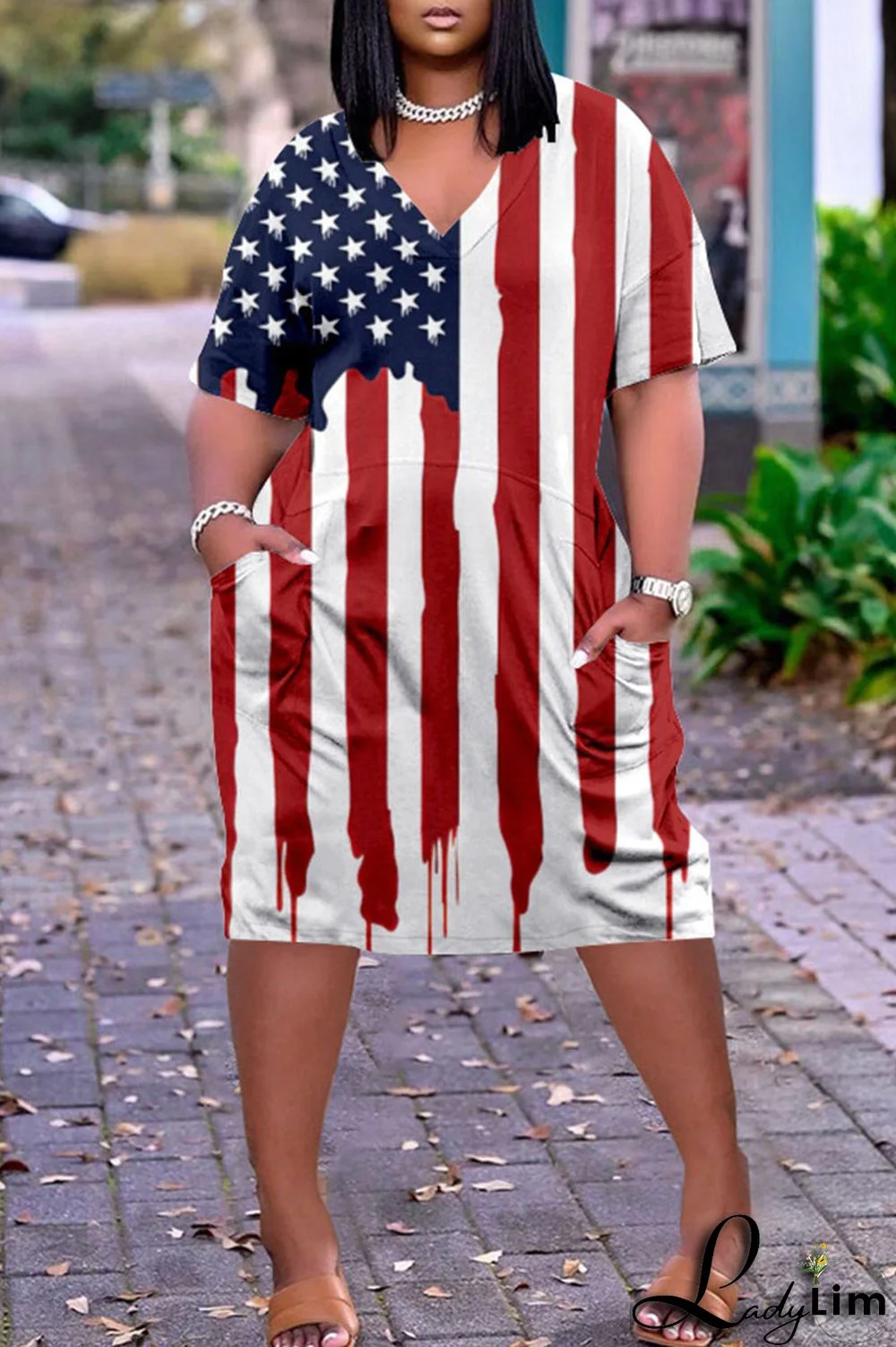 Deep Blue Casual Print Patchwork V Neck Dresses