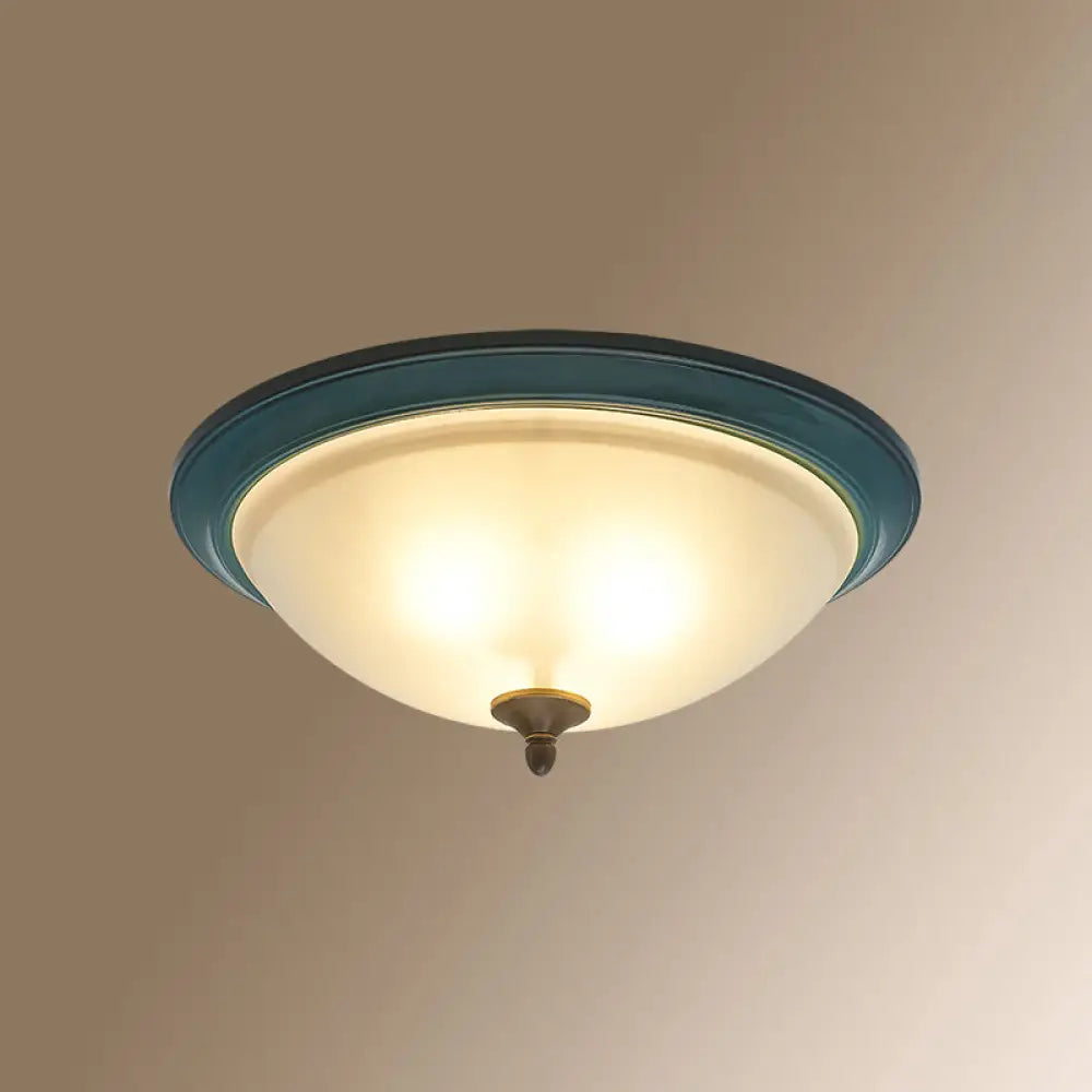 Rustic 3 - Light Bedroom Ceiling Lamp: Frosted White Glass Bowl Flush With Blue Accents / 14.5&rsquo;