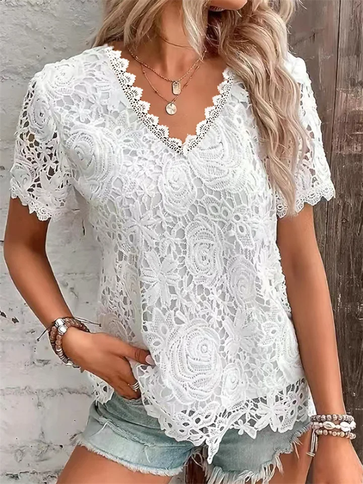 New Women's Fashion Tops Lace Short Sleeve T-shirt-JRSEE