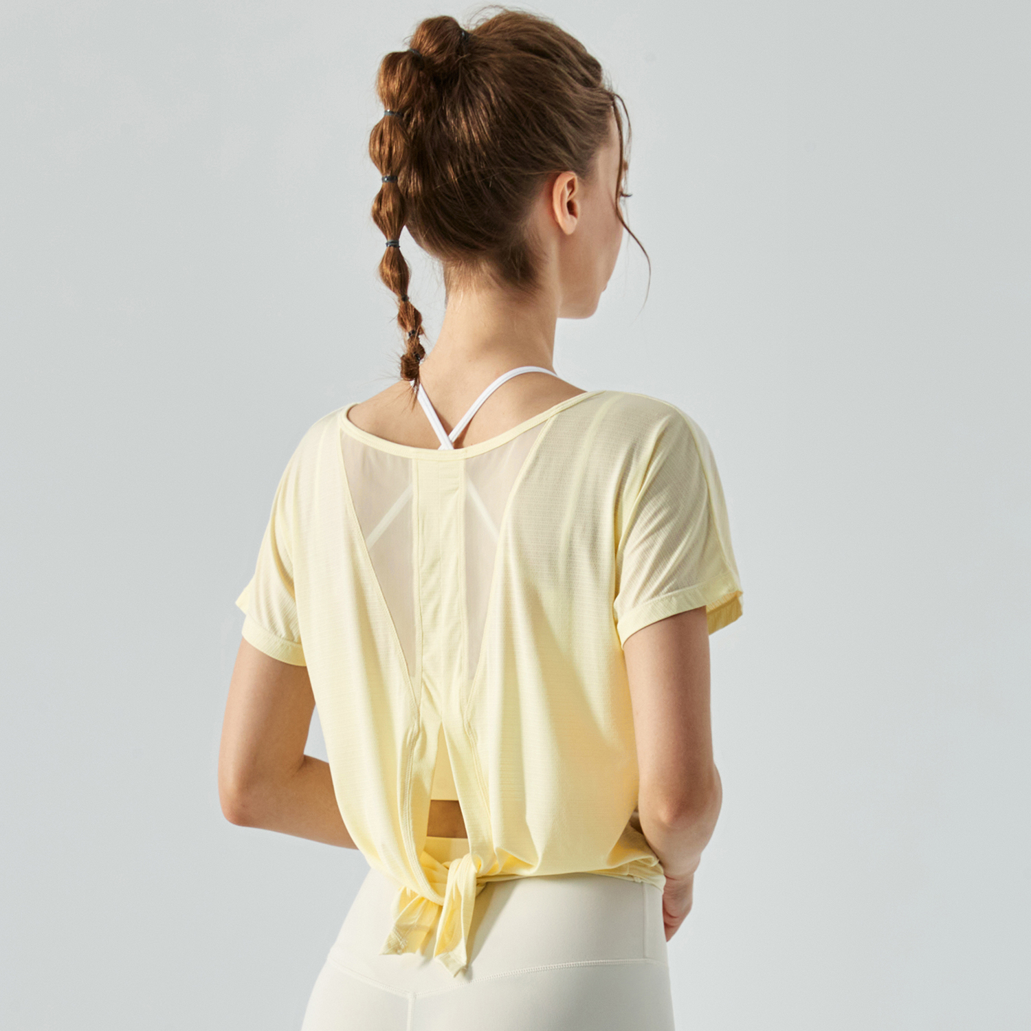 Buy Hergymclothing Buttery Yellow see through sports t-shirt hollow out split back round neck short sleeve quick-dry shirts running fitness yoga loose tops at an affordable price