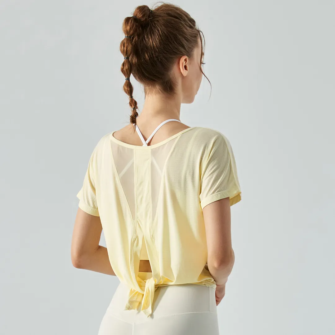 Buy Hergymclothing Buttery Yellow see through sports t-shirt hollow out split back round neck short sleeve quick-dry shirts running fitness yoga loose tops at an affordable price