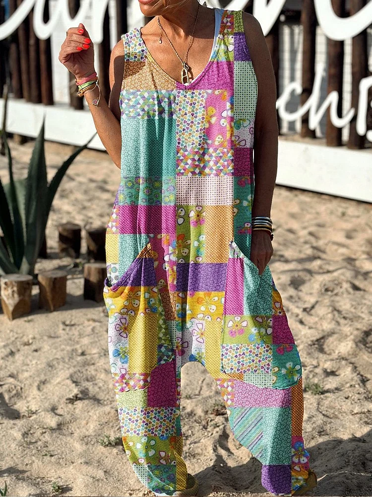 Retro Floral Pattern Hippie Art Print Casual 100% Cotton Wide Leg Jumpsuit