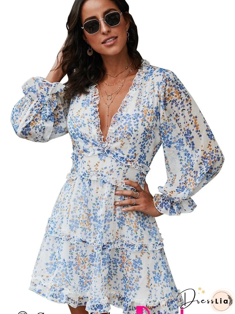 Feminine Floral Dress with V-Neck
