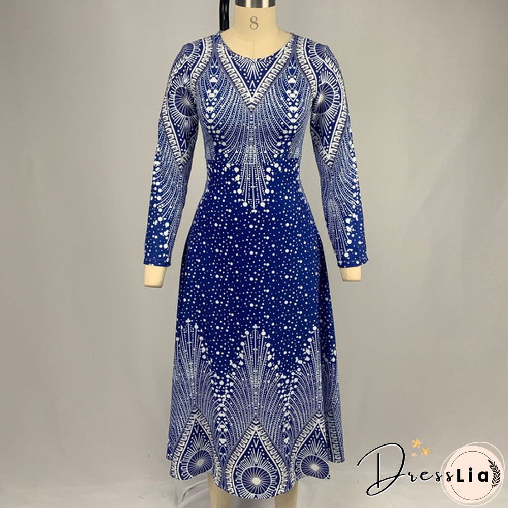 V-neck Retro Print Long-sleeved Dress Spring and Autumn Women's Clothing