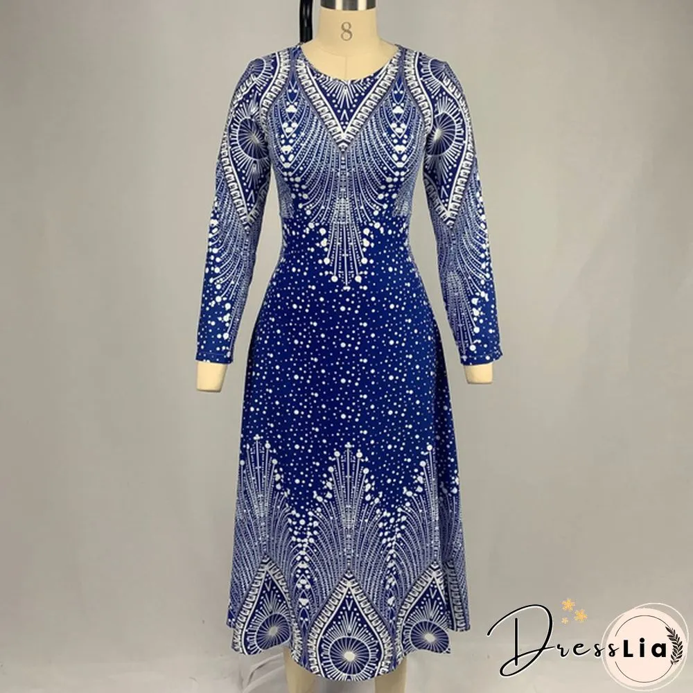 V-neck Retro Print Long-sleeved Dress Spring and Autumn Women's Clothing