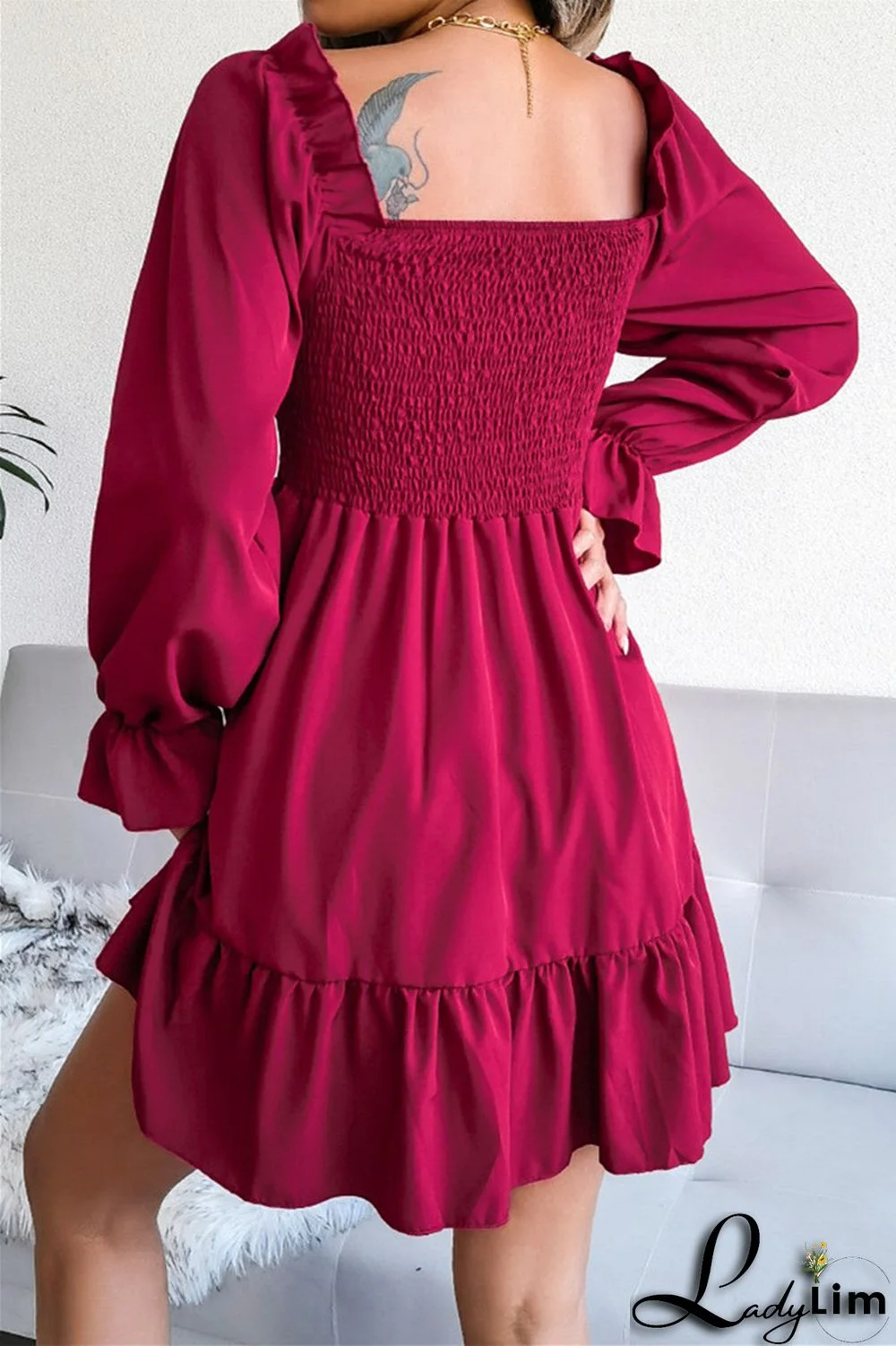 Burgundy Fashion Casual Solid Patchwork Square Collar Long Sleeve Dresses