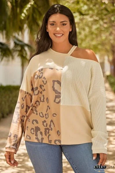Plus Size Leopard Color Block Long Sleeve T-Shirt