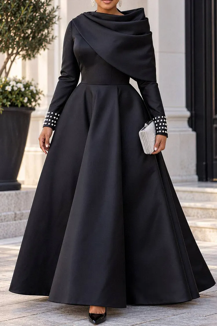 Xpluswear Design Plus Size Formal Black Asymmetrical Collar Long Sleeve Pearls Fold Satin Maxi Dresses [Pre-Order]