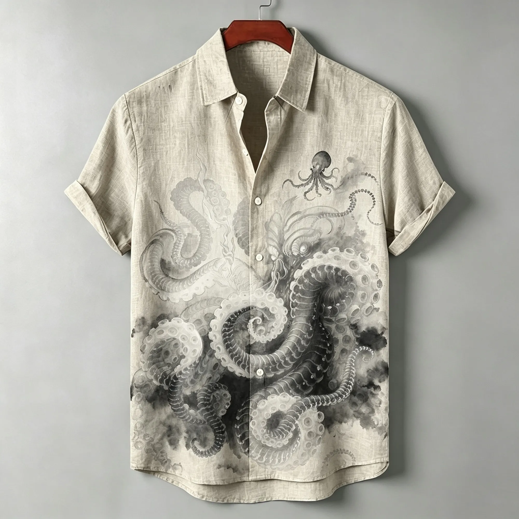 Men's Japanese Ink Painting Style Octopus And Wave Pattern Print Casual Button-down Top  artssus