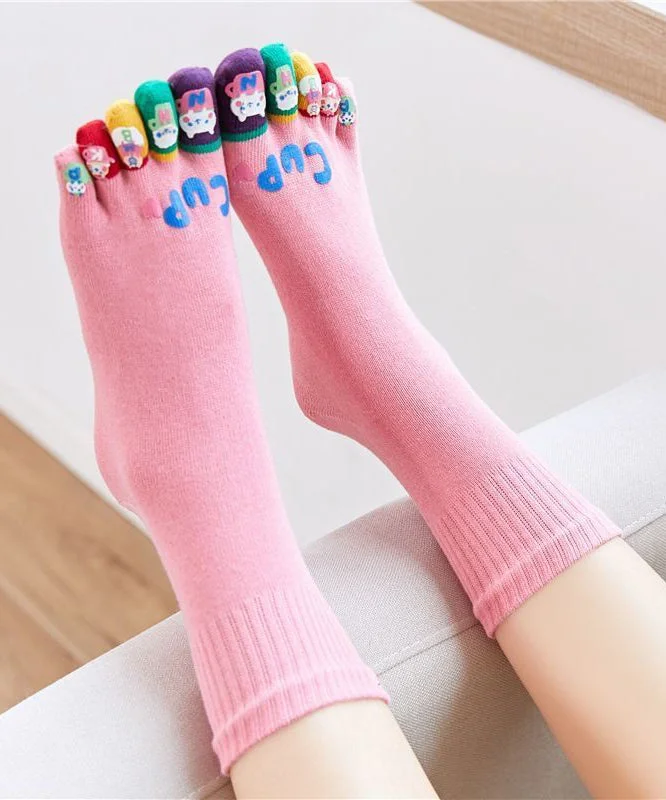 Boho Multicolor Cartoon Cotton Mid Calf Socks Five Finger Socks