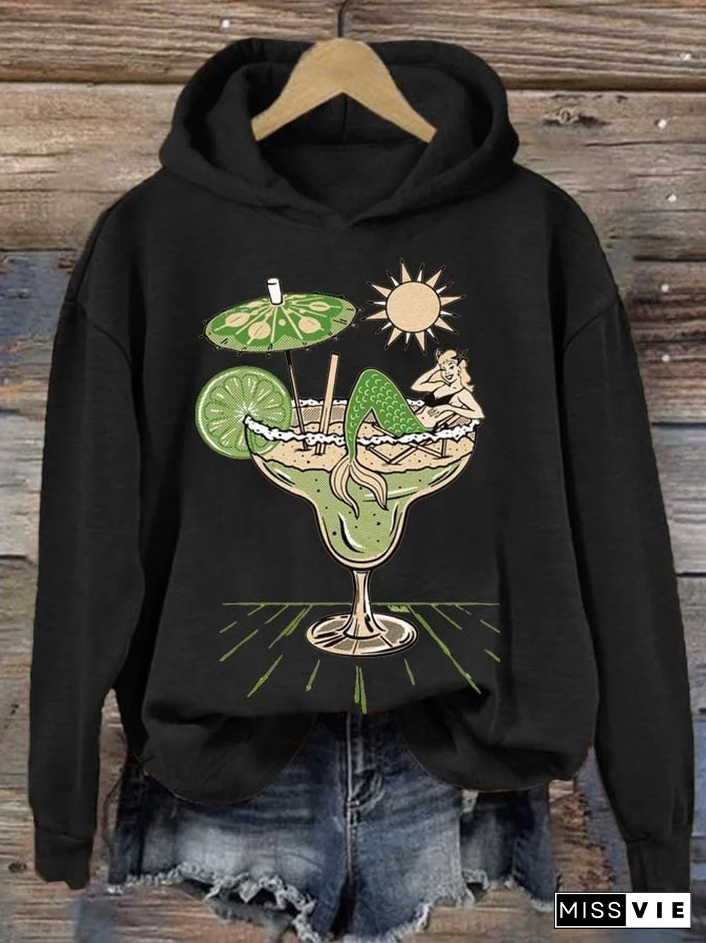 Women's Vintage Print Casual Crew Neck Hoodie