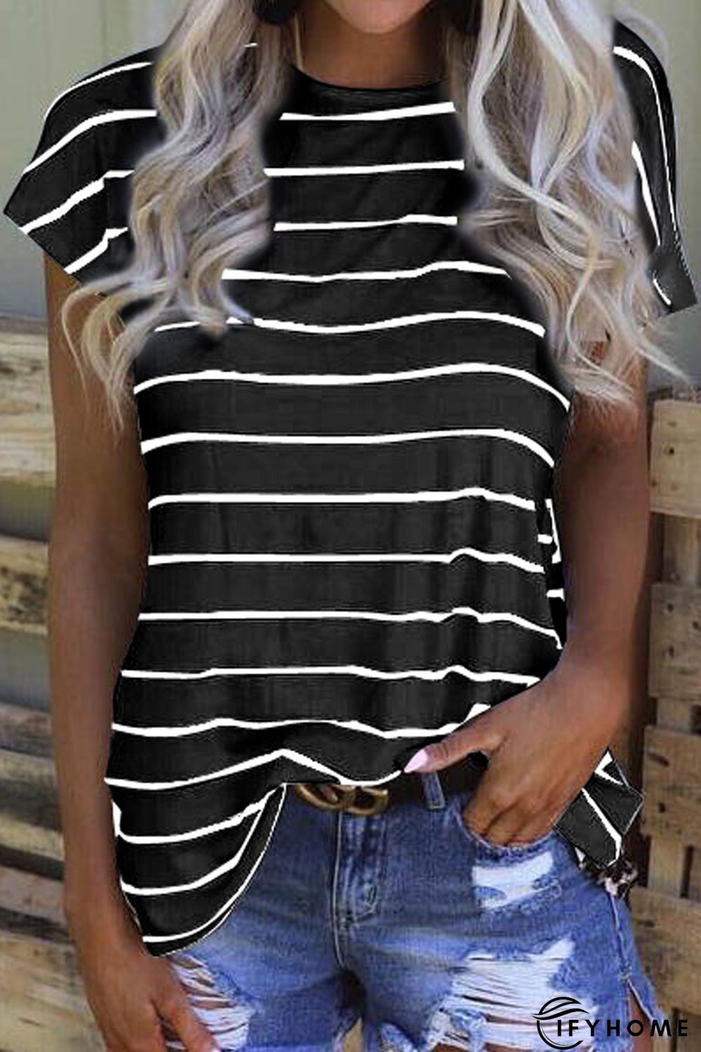 Stripe Black Leopard Printed Open Back Short Sleeve T Shirt | IFYHOME