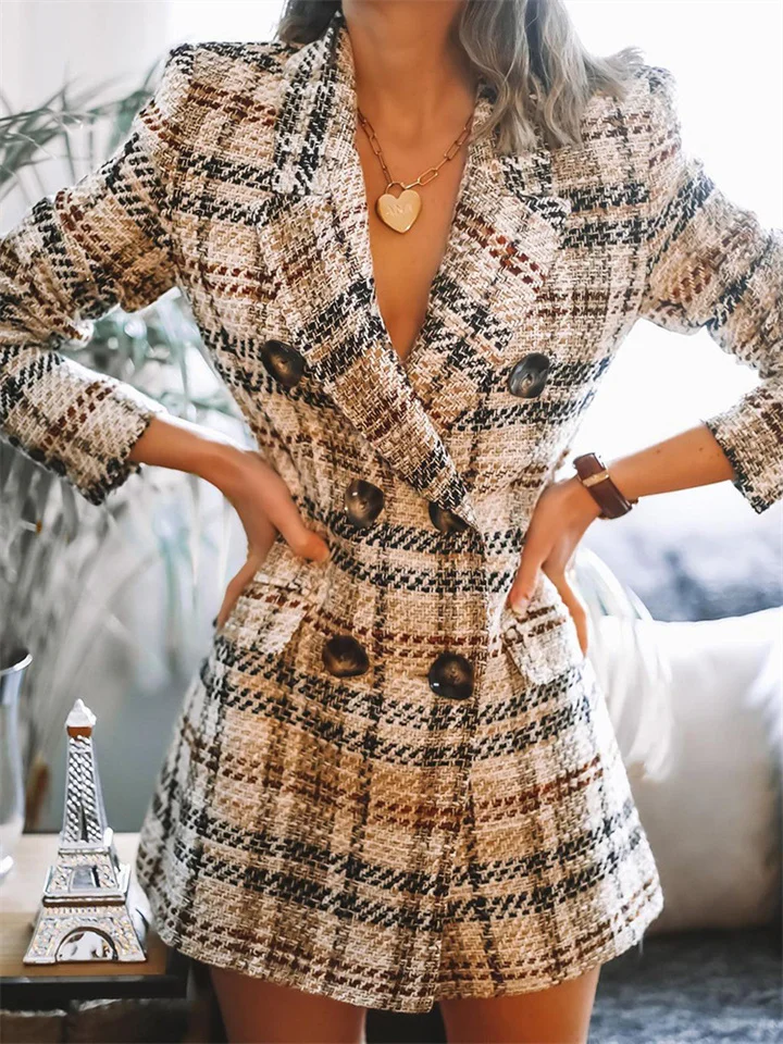 Double-breasted V-neck Fashion Printed Plaid Coat