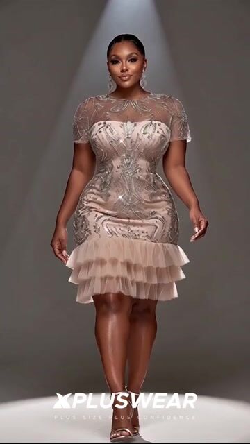 Xpluswear Design Plus Size Party Elegant Tulle Pink Round Neck Short Sleeve Ruffle See Through Sequin Mini Dresses 2024 - Xpluswear