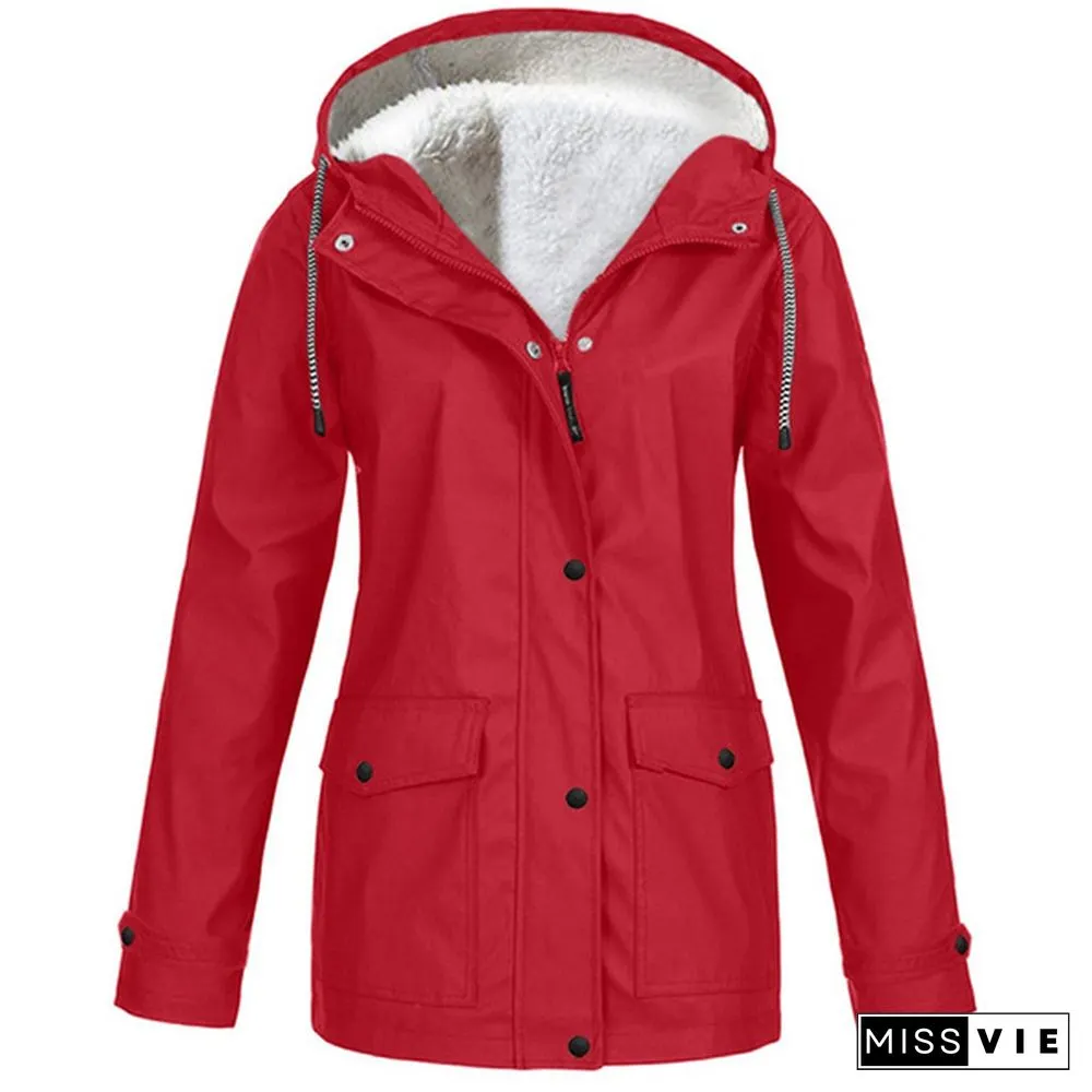Womens Fashion All Seasons Outdoor Waterproof Rain Jacket Casual Loose Plus Size Hooded