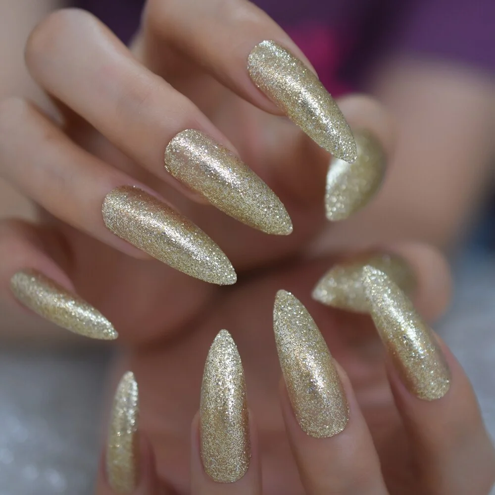 Extra Long Stiletto Faux Ongles Spirit Clear Nail Art Tips Gold Giltter Decorative Predesigned False Nails Shimmer for Party-Nail Inspo