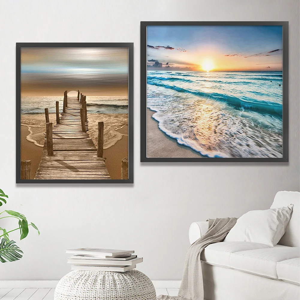 (2pcs)11CT Full Stamped Cross Stitch - Seaside(Canvas|40*40CM)/(Canvas|36*46CM)